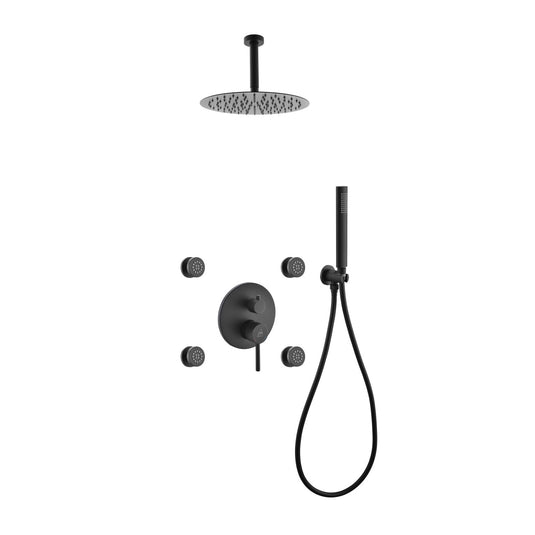Aqua Rondo Black Brass Shower Set With 8" Round Rain Shower, 4 Body Jets and Handheld-Bathroom & More | High Quality from Coozify