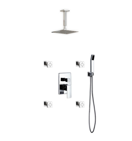 Aqua Piazza Shower Set With 8" Ceiling Mount Square Rain Shower, Handheld and 4 Body Jets Chrome-Bathroom & More | High Quality from Coozify