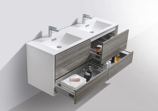 De Lusso 60" Wall Mount / Wall Hung Modern Double Sink Bathroom Vanity With 4 Drawers Acrylic Countertop-Bathroom & More | High Quality from Coozify