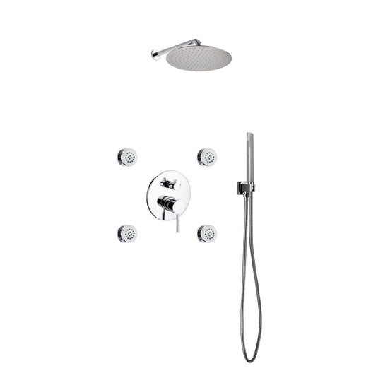 Aqua Rondo Chrome Brass Shower Set With 12" Round Rain Shower, 4 Body Jets and Handheld-Bathroom & More | High Quality from Coozify
