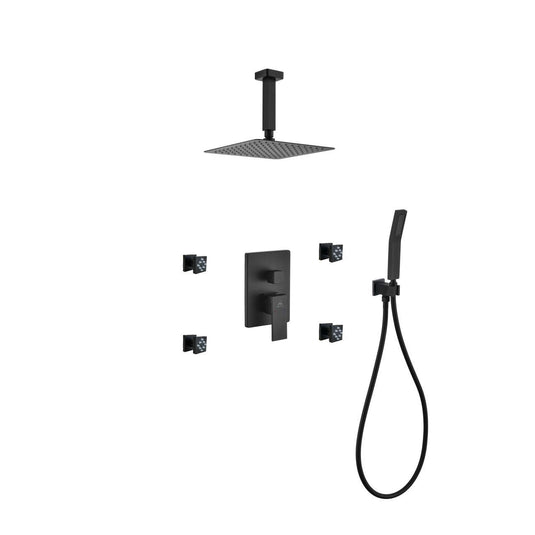 Aqua Piazza Black Shower Set With 8" Ceiling Mount Square Rain Shower, Handheld and 4 Body Jets-Bathroom & More | High Quality from Coozify