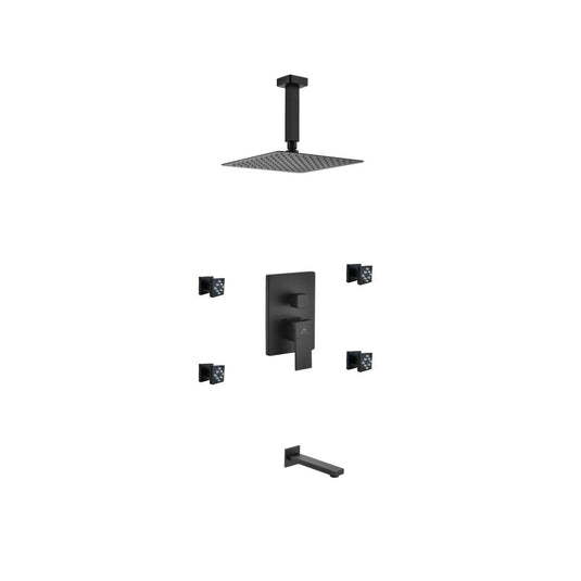 Aqua Piazza Black Shower Set With 8" Ceiling Mount Square Rain Shower, Tub Filler and 4 Body Jets-Bathroom & More | High Quality from Coozify
