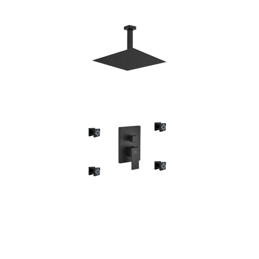Aqua Piazza Black Shower Set With 12" Ceiling Mount Square Rain Shower and 4 Body Jets-Bathroom & More | High Quality from Coozify