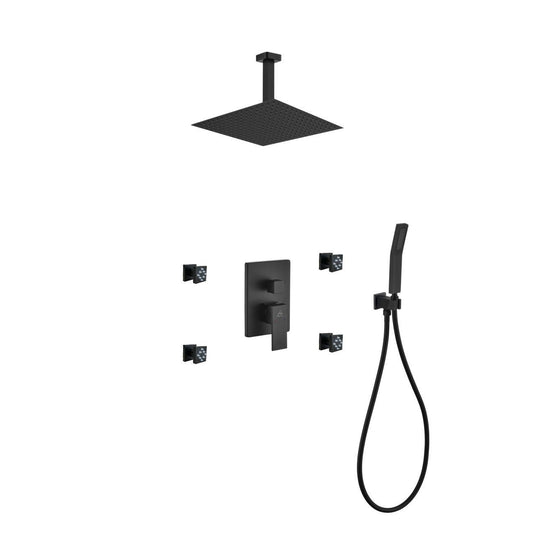 Aqua Piazza Black Shower Set With 12" Ceiling Mount Square Rain Shower, 4 Body Jets and Handheld-Bathroom & More | High Quality from Coozify