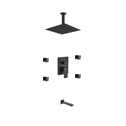 Aqua Piazza Black Shower Set With 12" Ceiling Mount Square Rain Shower, Tub Filler and 4 Body Jets-Bathroom & More | High Quality from Coozify