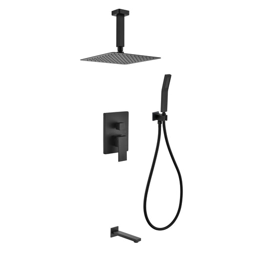 Aqua Piazza Black Shower Set With 12" Ceiling Mount Square Rain Shower, Handheld and Tub Filler-Bathroom & More | High Quality from Coozify