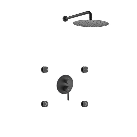 Aqua Rondo Black Brass Shower Set With 12" Round Rain Shower and 4 Body Jets-Bathroom & More | High Quality from Coozify