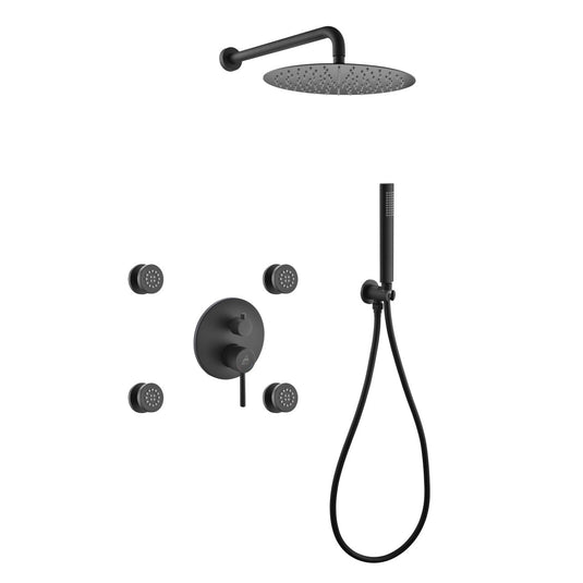 Aqua Rondo Black Brass Shower Set With 12" Round Rain Shower, 4 Body Jets and Handheld-Bathroom & More | High Quality from Coozify