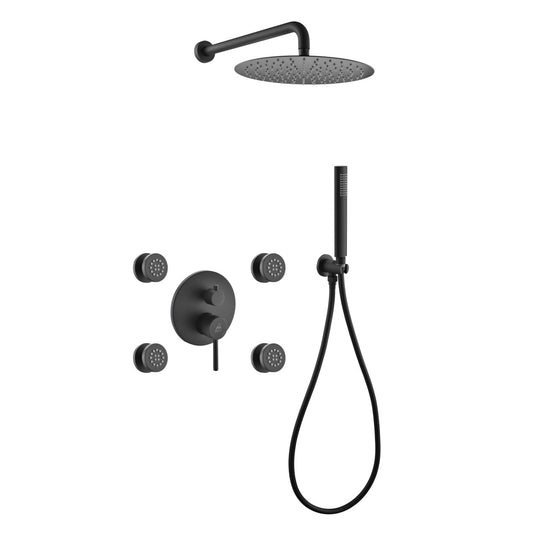 Aqua Rondo Black Brass Shower Set With 8" Round Rain Shower, 4 Body Jets and Handheld-Bathroom & More | High Quality from Coozify