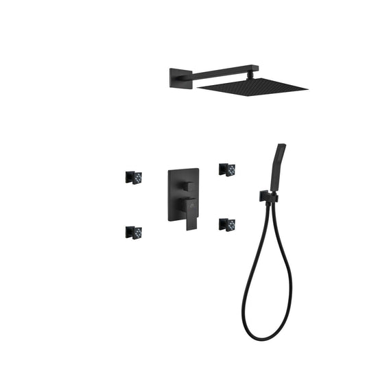 Aqua Piazza Black Shower Set With 12" Square Rain Shower, Handheld and 4 Body Jets-Bathroom & More | High Quality from Coozify