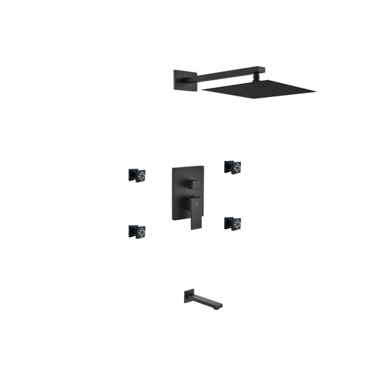 Aqua Piazza Black Shower Set With 12" Square Rain Shower, Tub Filler and 4 Body Jets-Bathroom & More | High Quality from Coozify