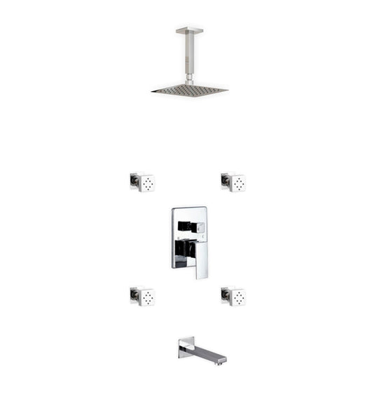 Aqua Piazza Shower Set With 8" Ceiling Mount Square Rain Shower, Tub Filler and 4 Body Jets Chrome-Bathroom & More | High Quality from Coozify