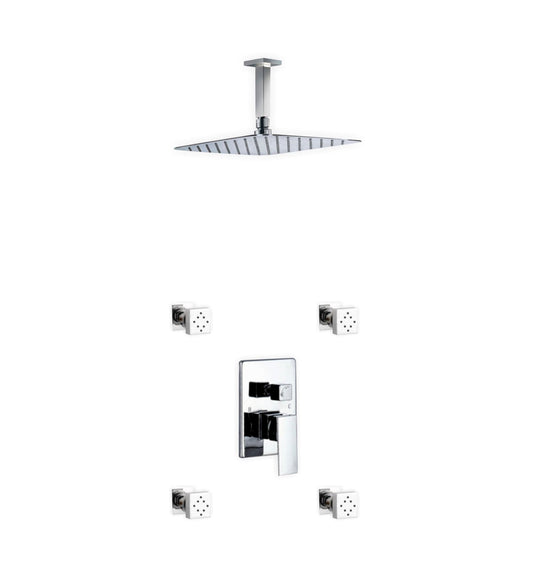 Aqua Piazza Shower Set With 12" Ceiling Mount Square Rain Shower and 4 Body Jets Chrome-Bathroom & More | High Quality from Coozify