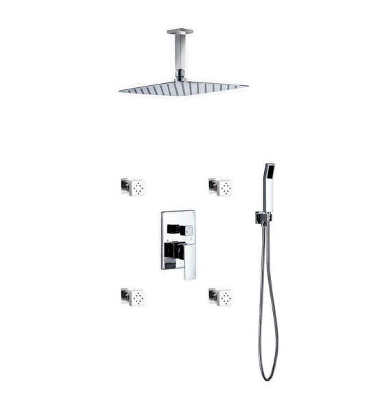 Aqua Piazza Shower Set With 12" Ceiling Mount Square Rain Shower, 4 Body Jets and Handheld Chrome-Bathroom & More | High Quality from Coozify