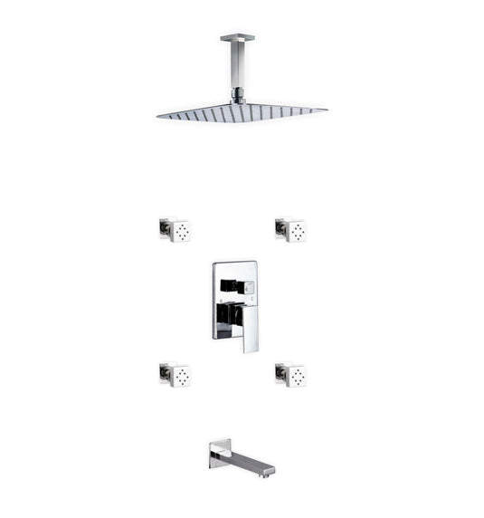 Aqua Piazza Shower Set With 12" Ceiling Mount Square Rain Shower, Tub Filler and 4 Body Jets Chrome-Bathroom & More | High Quality from Coozify