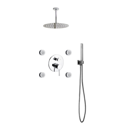 Aqua Rondo Chrome Brass Shower Set With 12" Round Rain Shower, 4 Body Jets and Handheld-Bathroom & More | High Quality from Coozify