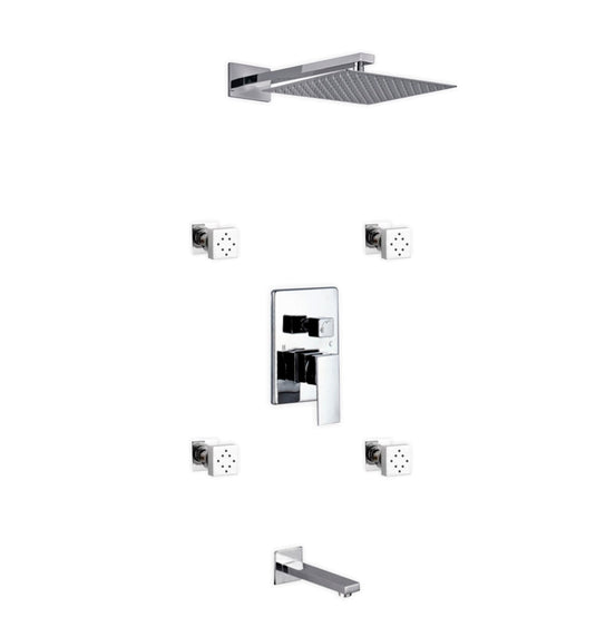 Aqua Piazza Shower Set With 12" Square Rain Shower, Tub Filler and 4 Body Jets Chrome-Bathroom & More | High Quality from Coozify